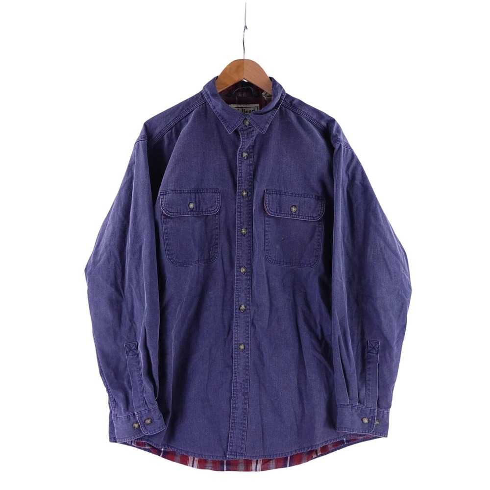 LL Bean Mens Large Flannel Lined Cotton Twill Shirt Blue Plaid OMS96 Canada